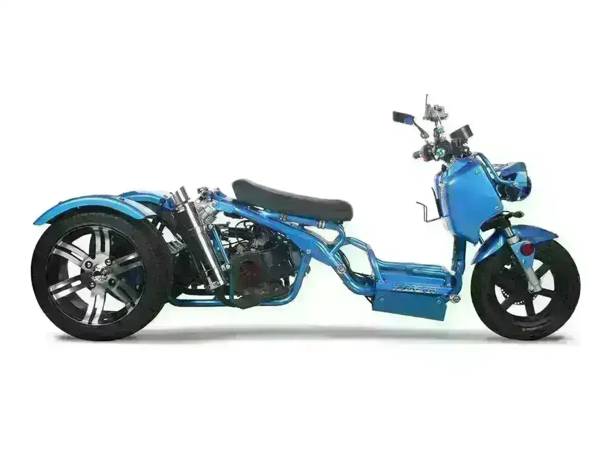 Blue 50cc trike scooter with low seat, three wheels, and sporty design on white background