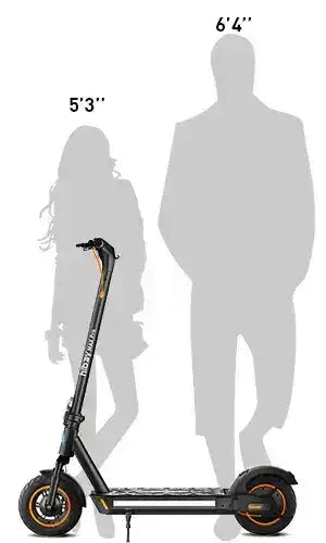 Electric scooter with large wheels shown next to height silhouettes for rider comparison