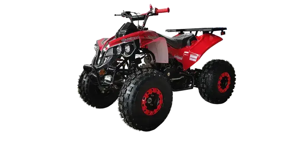 Red outlander style all-terrain vehicle ATV with rugged tires and sporty design on white background
