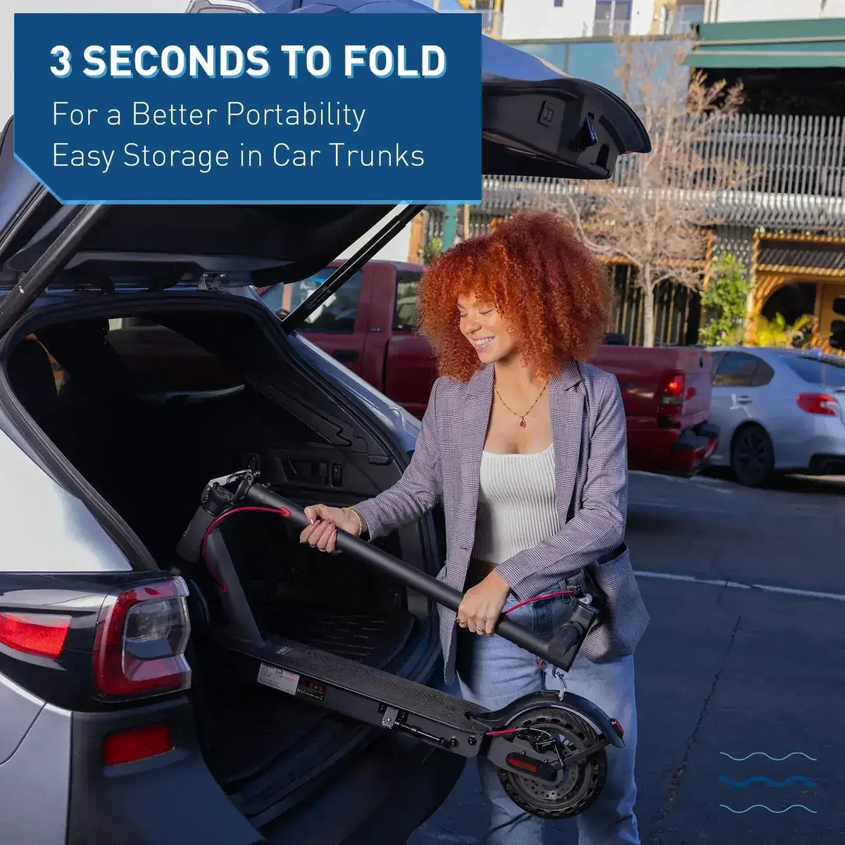 Woman loading foldable electric scooter into car trunk for easy portable storage