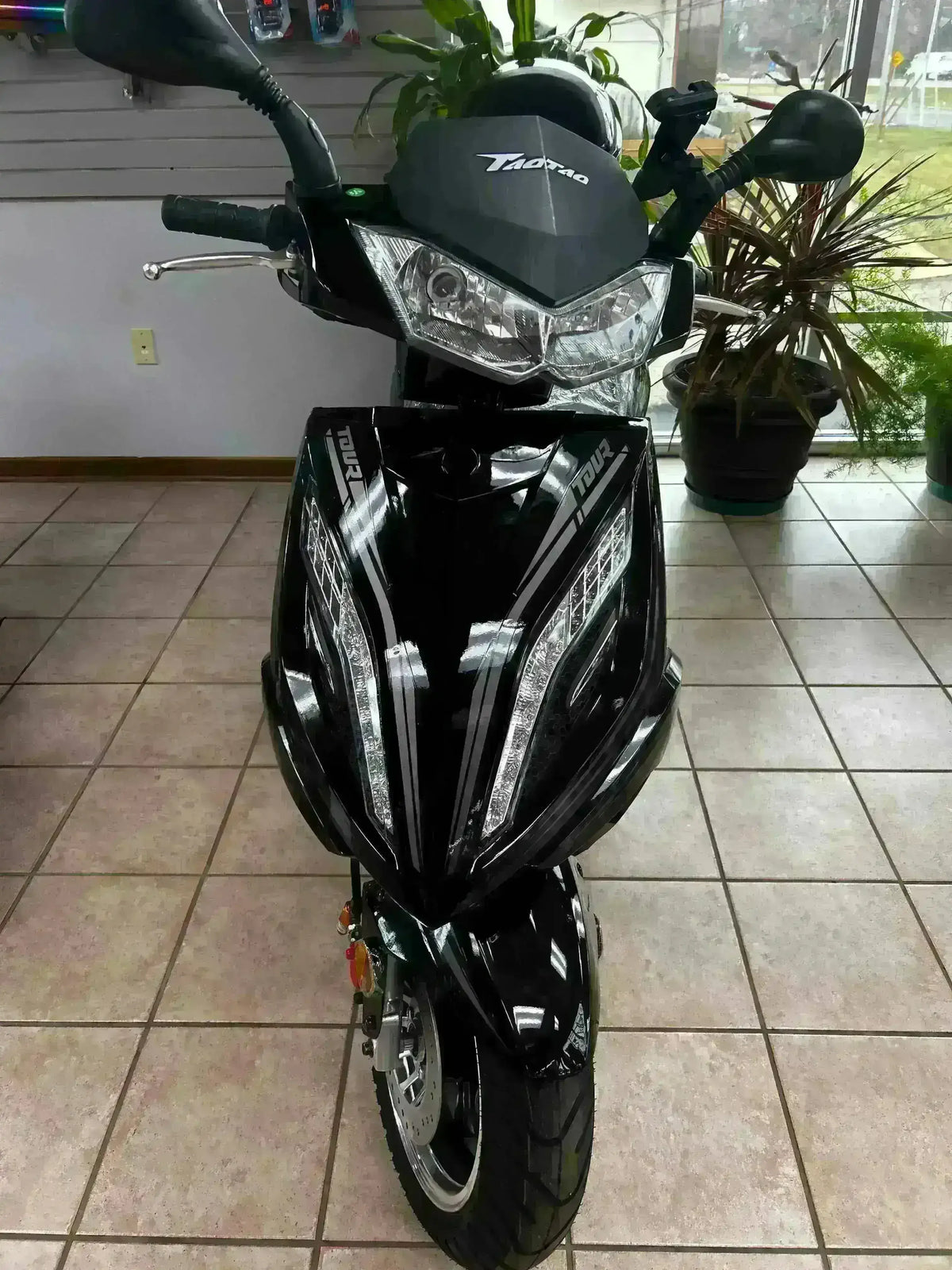 Black 150cc gas-powered scooter on display indoors with plants in the background