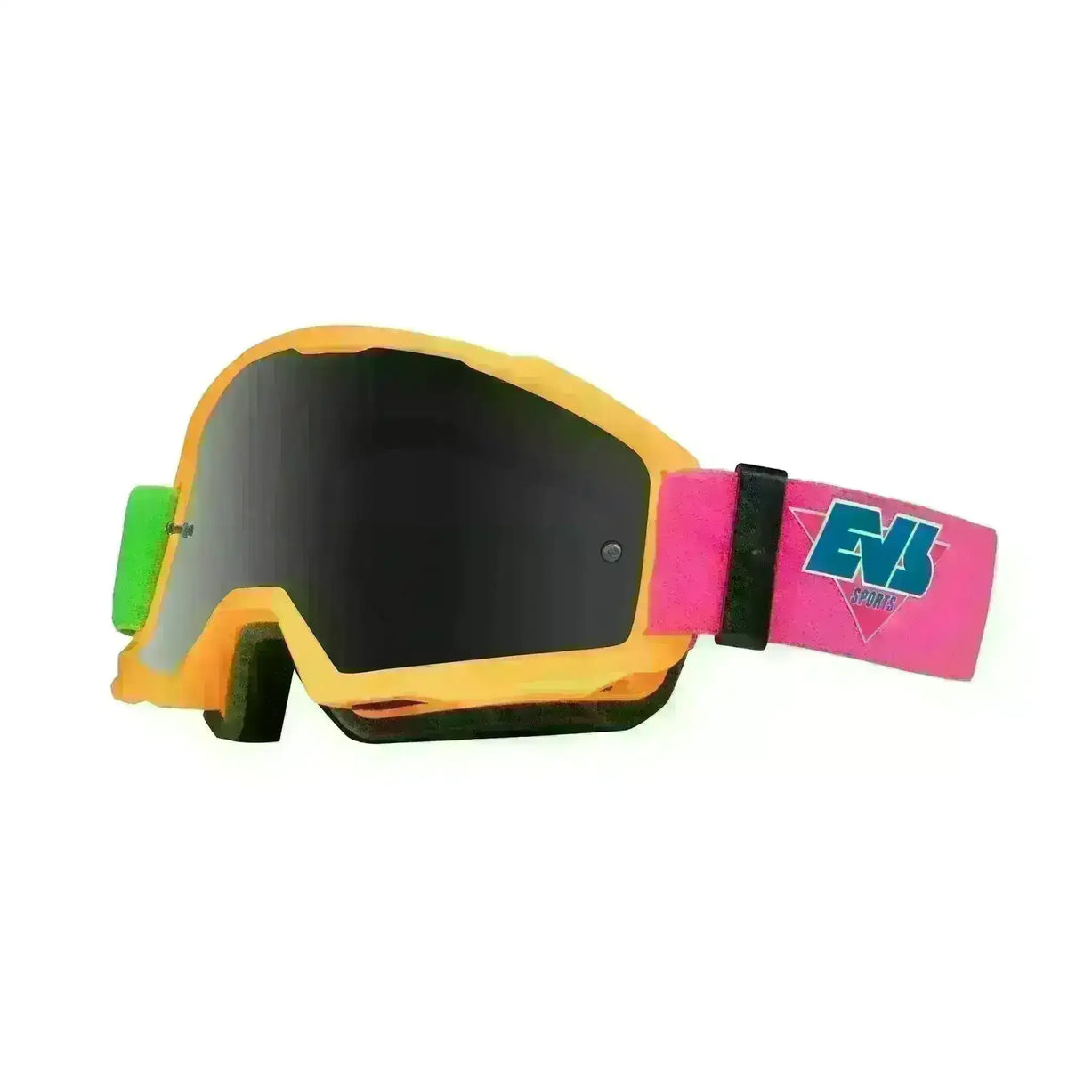 EVS motocross goggles with yellow frame, dark lens, pink logo strap, and green side attachment