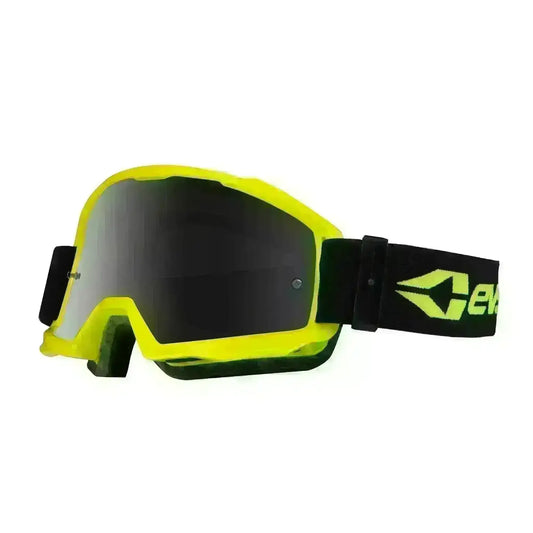 Neon yellow motocross goggles with tinted lens and black adjustable strap