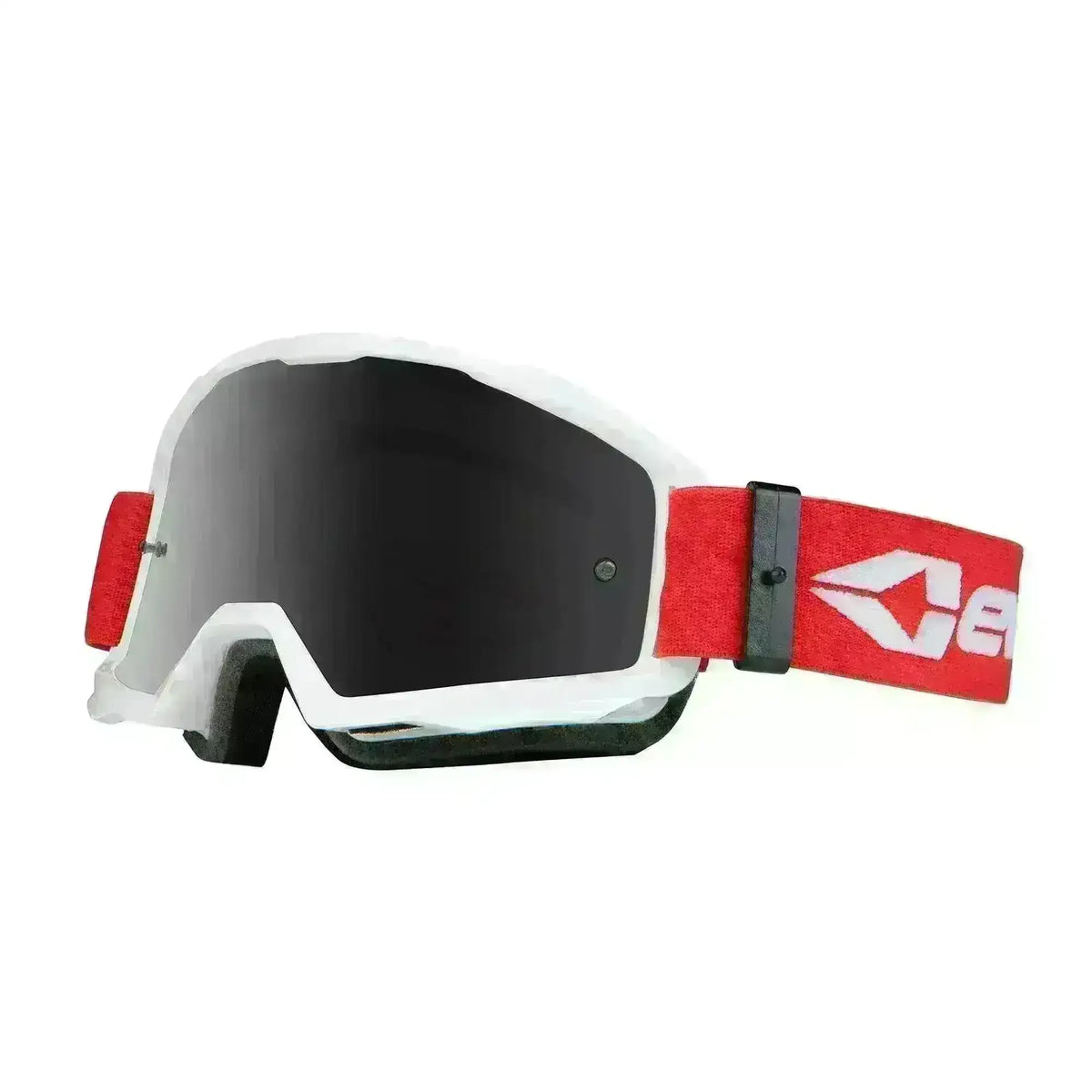 EVS motocross goggles with white frame, dark lens, and red logo strap on white background