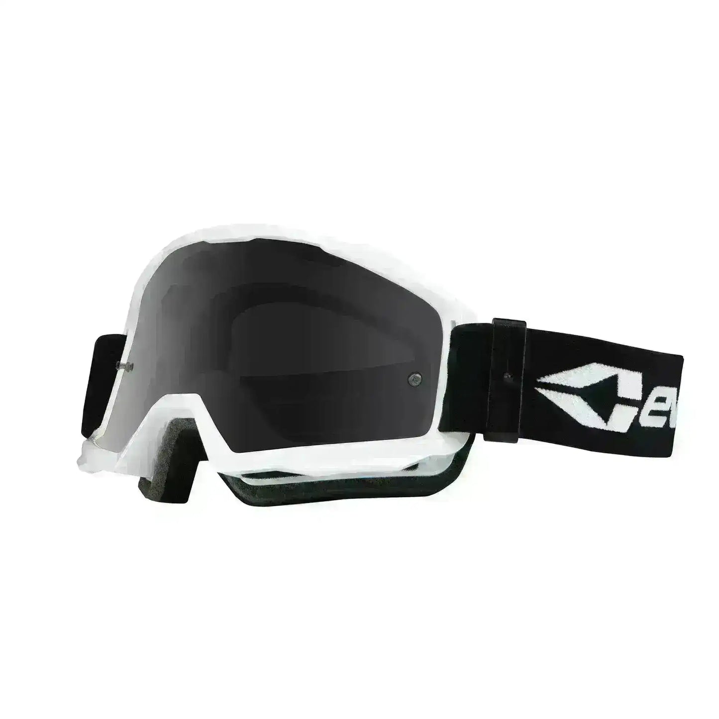 Black and white motocross goggles with tinted lens and adjustable strap on white background