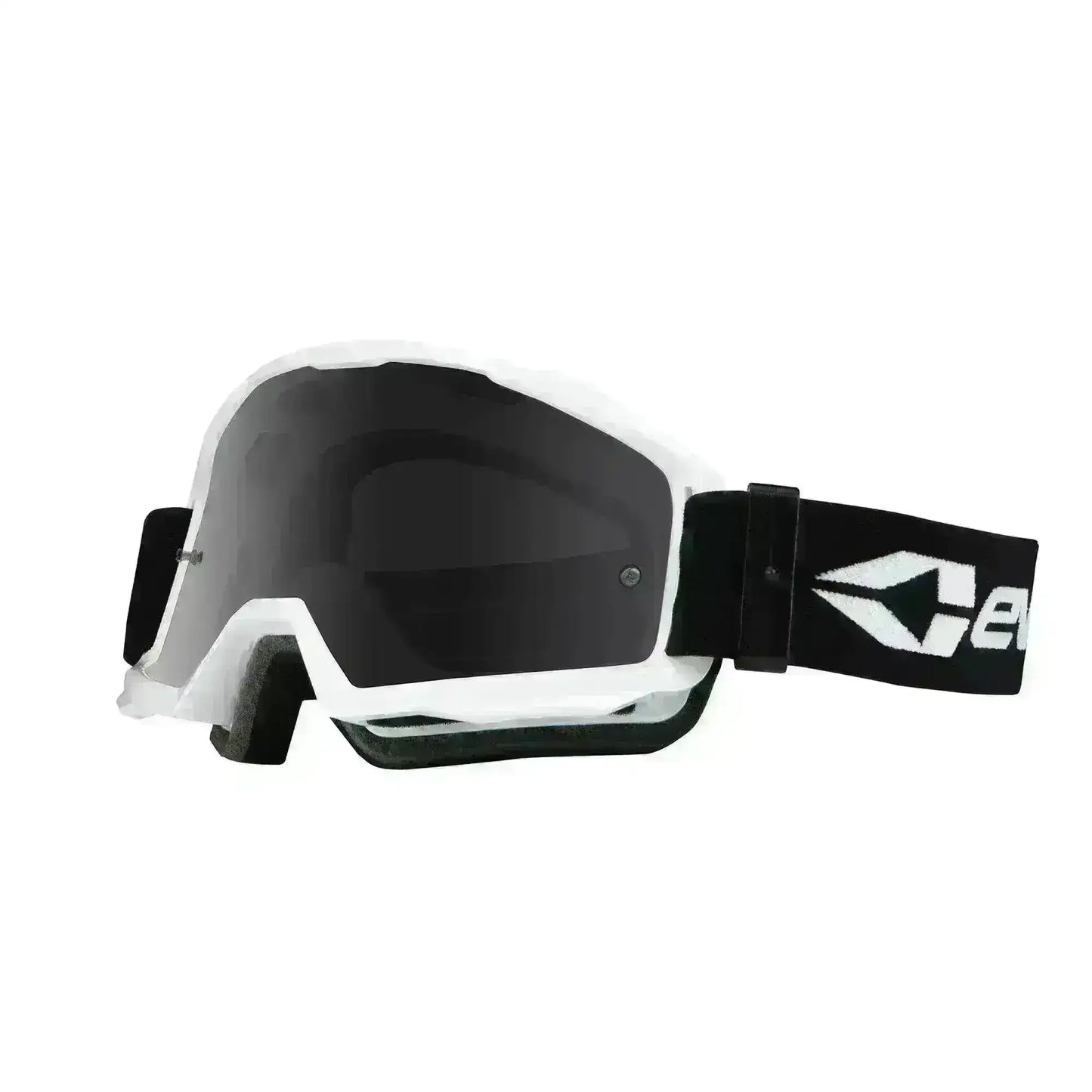 Black and white motocross goggles with tinted lens and adjustable strap on white background