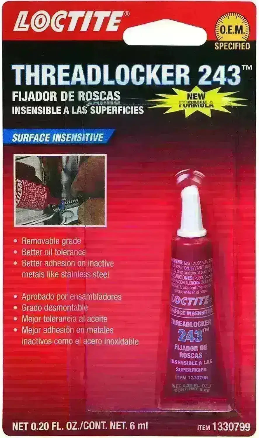Loctite Threadlocker 243 adhesive, surface insensitive, 6 ml tube in retail packaging.