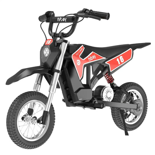 Red and black kids electric dirt bike with number 16, off-road tires and suspension