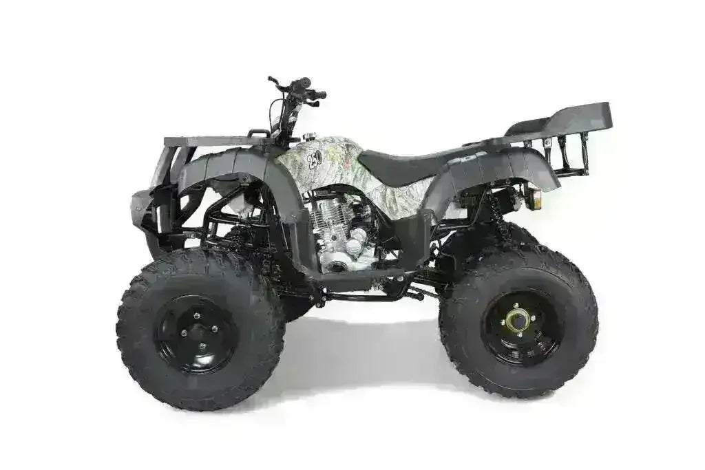 Camouflage Rhino 250 utility ATV with black fenders and cargo racks, left-side view