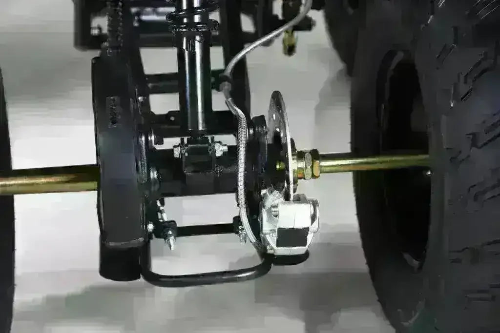 Close-up of the Rhino 250 rear axle showing disc brake, silver caliper and chain guard