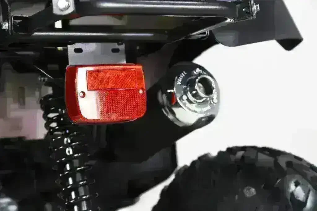 Close-up of the Rhino 250 red rear light, chrome exhaust outlet and rear suspension spring