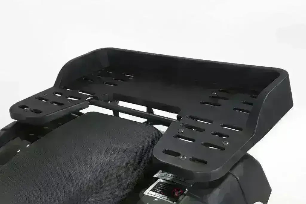 Rear utility cargo rack on a four wheeler ATV with textured black finish