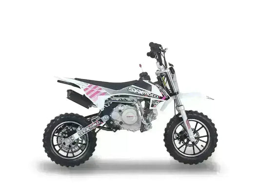 White and black SYXmoto Ripper 60cc kids pit bike with off-road tires, Q9 PowerSports USA