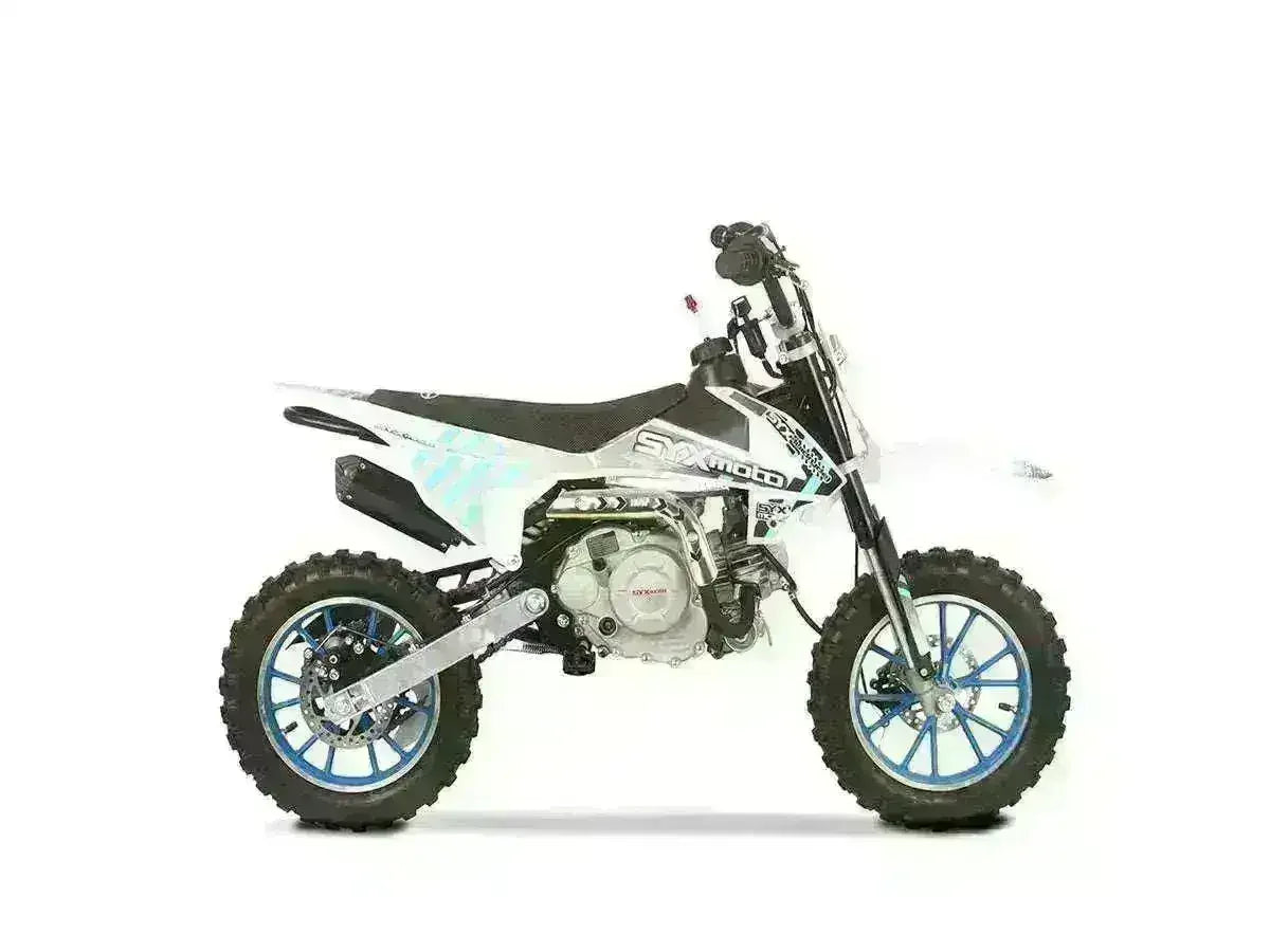 60cc kids pit bike with knobby tires and blue rims on a white background