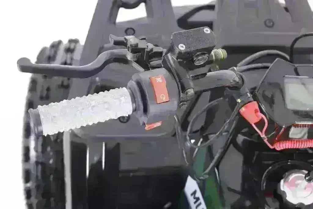Close-up of youth ATV handlebar controls, brake lever, and textured grip