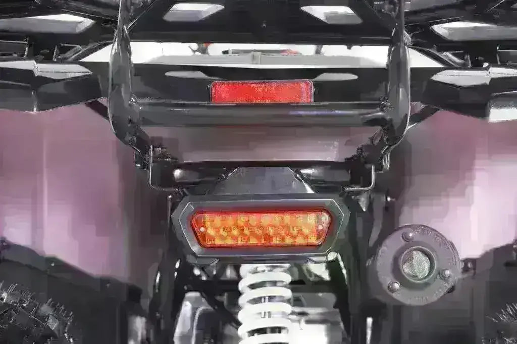 Rear LED brake light and suspension detail on youth utility ATV, 125cc engine