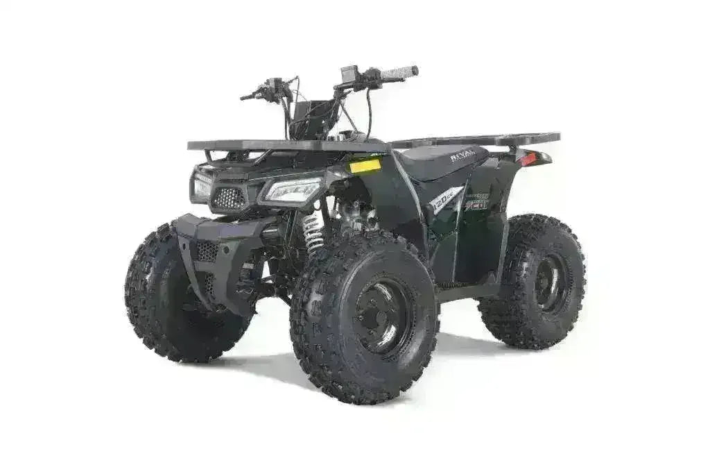 Black 125cc youth utility ATV with rugged tires and front rack on white background