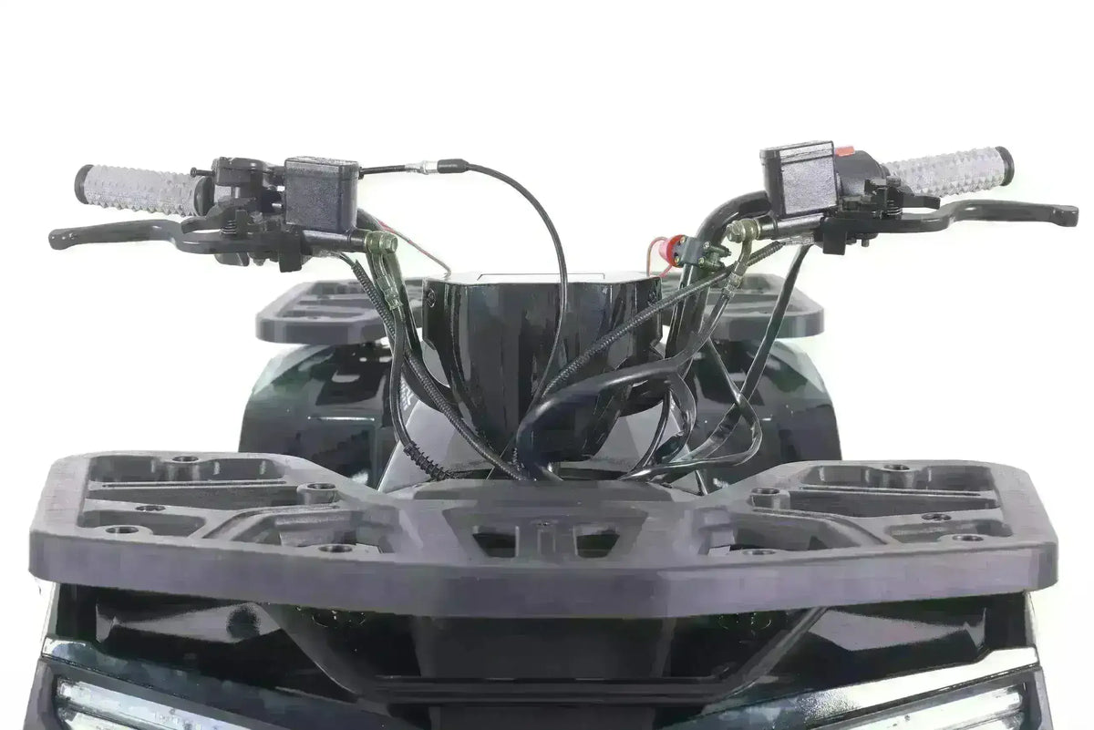 Front view of youth utility ATV handlebars and cargo rack, featuring 125cc engine.
