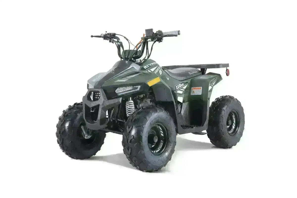 Dark green Rival Mudhawk 6 ATV with black rear rack, white front springs and black bumper, front three-quarter view