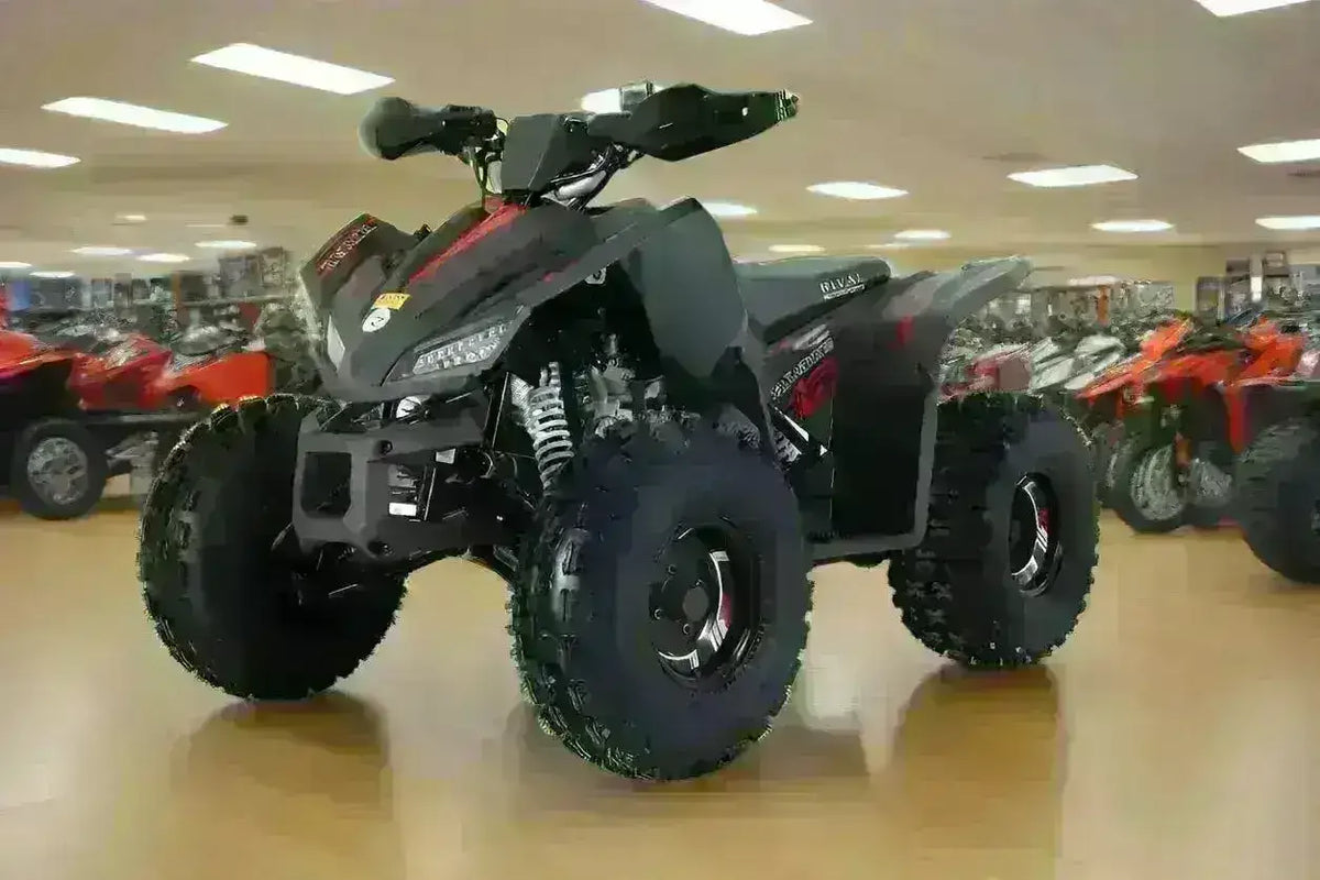 Black and red Rival Trailhawk 10 ATV with hand guards and white front springs, front three-quarter view in the showroom