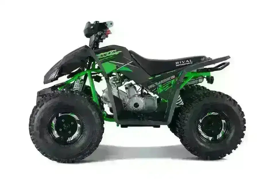 Left-side view of a green and black Rival Trailhawk 10 ATV showing engine, green frame and rear grab bar