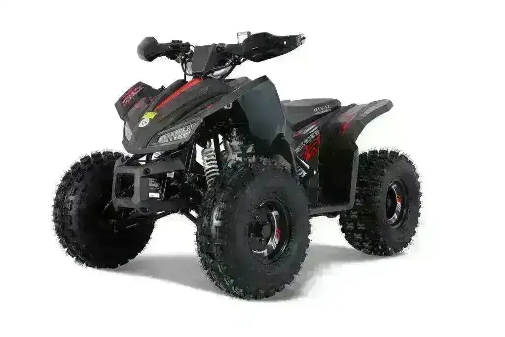 Black and red Rival Trailhawk 10 ATV with hand guards and white front springs, front three-quarter view