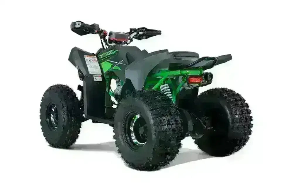 Green and black Rival Trailhawk 10 ATV showing rear grab bar, taillight, exhaust and white rear spring, rear three-quarter view