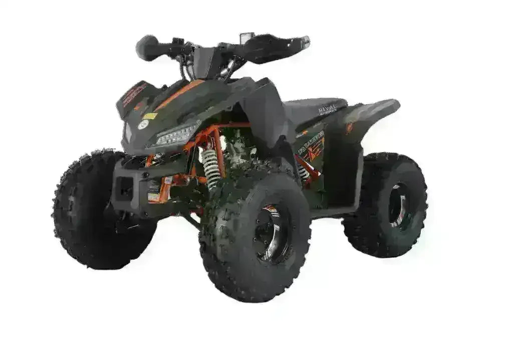 Black Rival Trailhawk 10 ATV with orange frame, hand guards and white suspension springs, front three-quarter view
