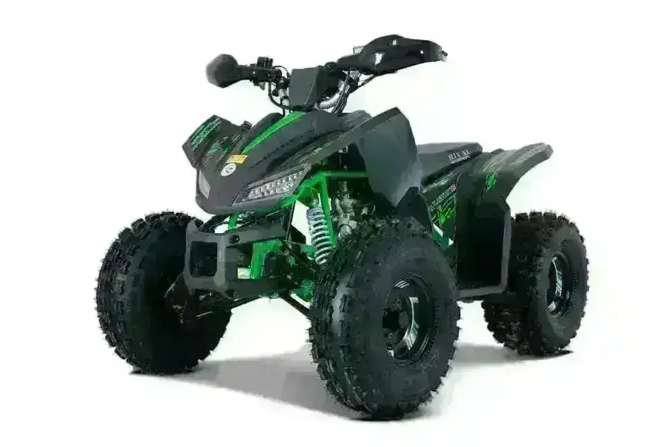 Green and black 125cc youth ATV with rugged tires and sporty design on white background