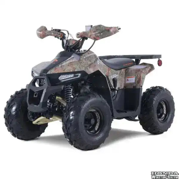 Camo 110cc youth ATV with rugged off-road tires and LED headlights on white background