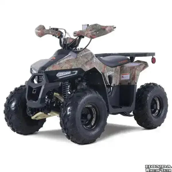 Camo-pattern youth ATV with rugged tires and front suspension, 110cc engine visible