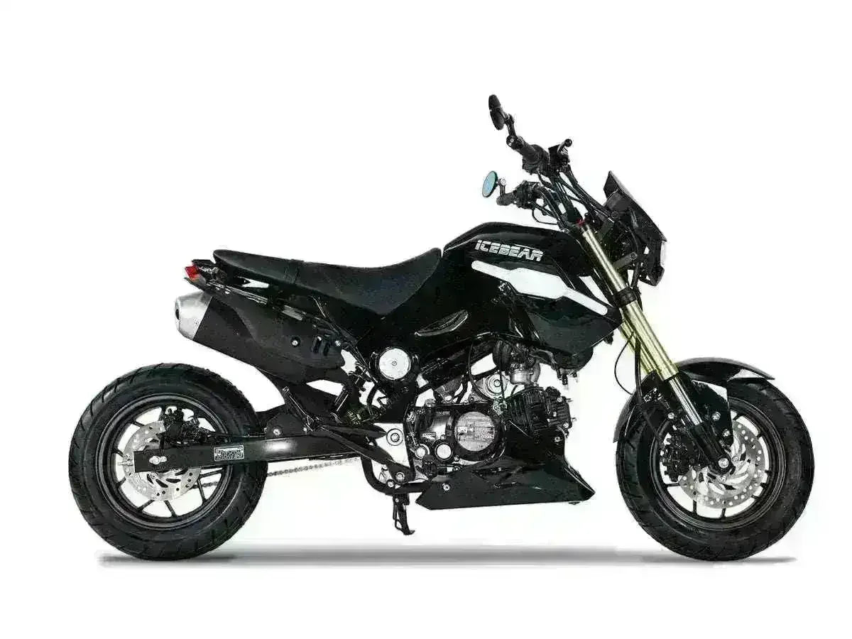 Black 125cc road-legal mini motorcycle with disc brakes, street tires, and sporty design