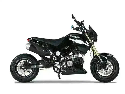 Black 125cc road-legal mini motorcycle with disc brakes, street tires, and sporty design