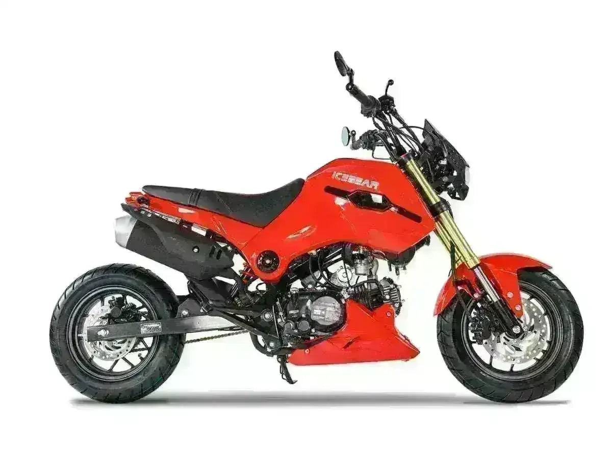 Red 125cc street-legal motorcycle with sporty design and black seat on white background