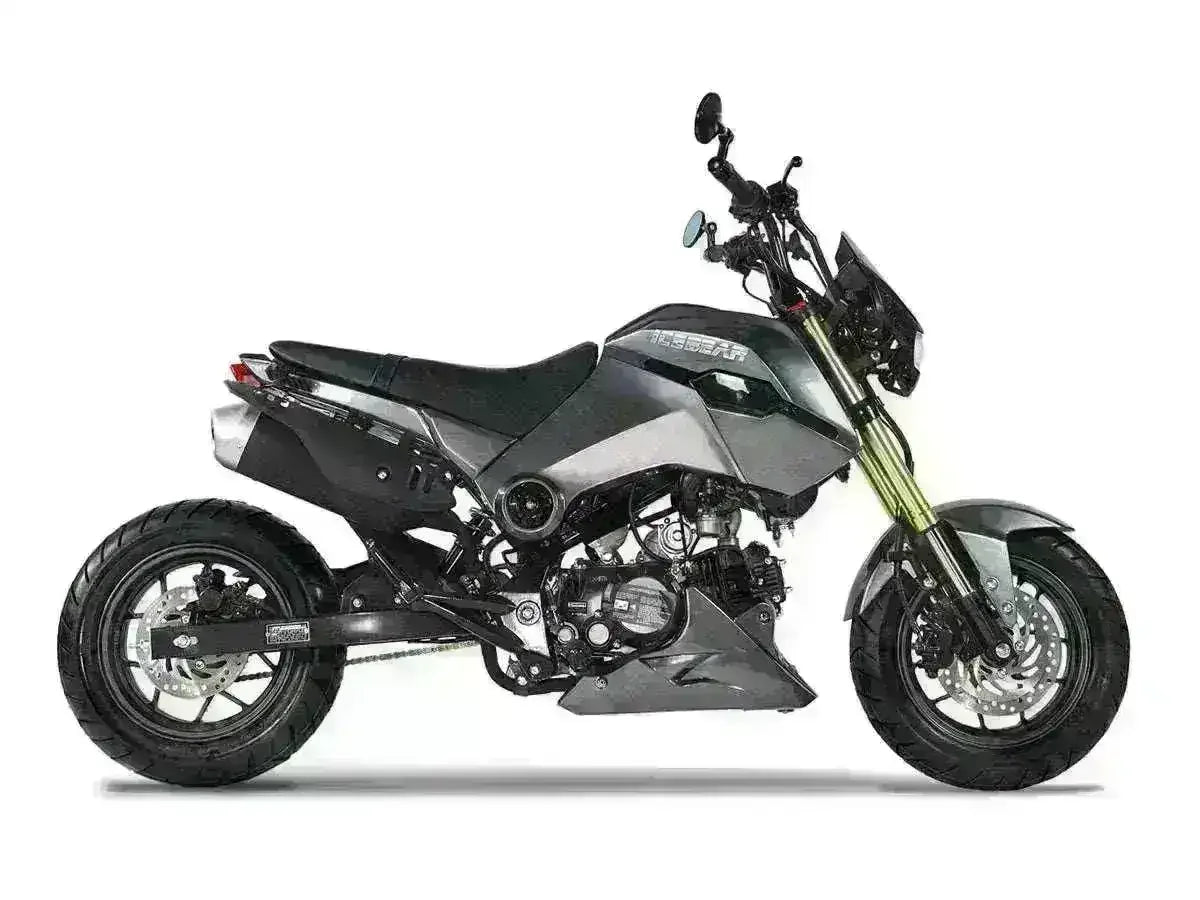 Fuerza 125cc road-legal motorcycle in black, side view against white background