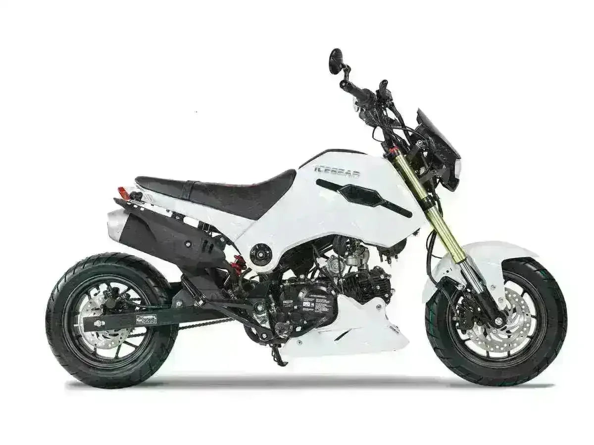 White Fuerza 125cc motorcycle with black trim, side view on plain background