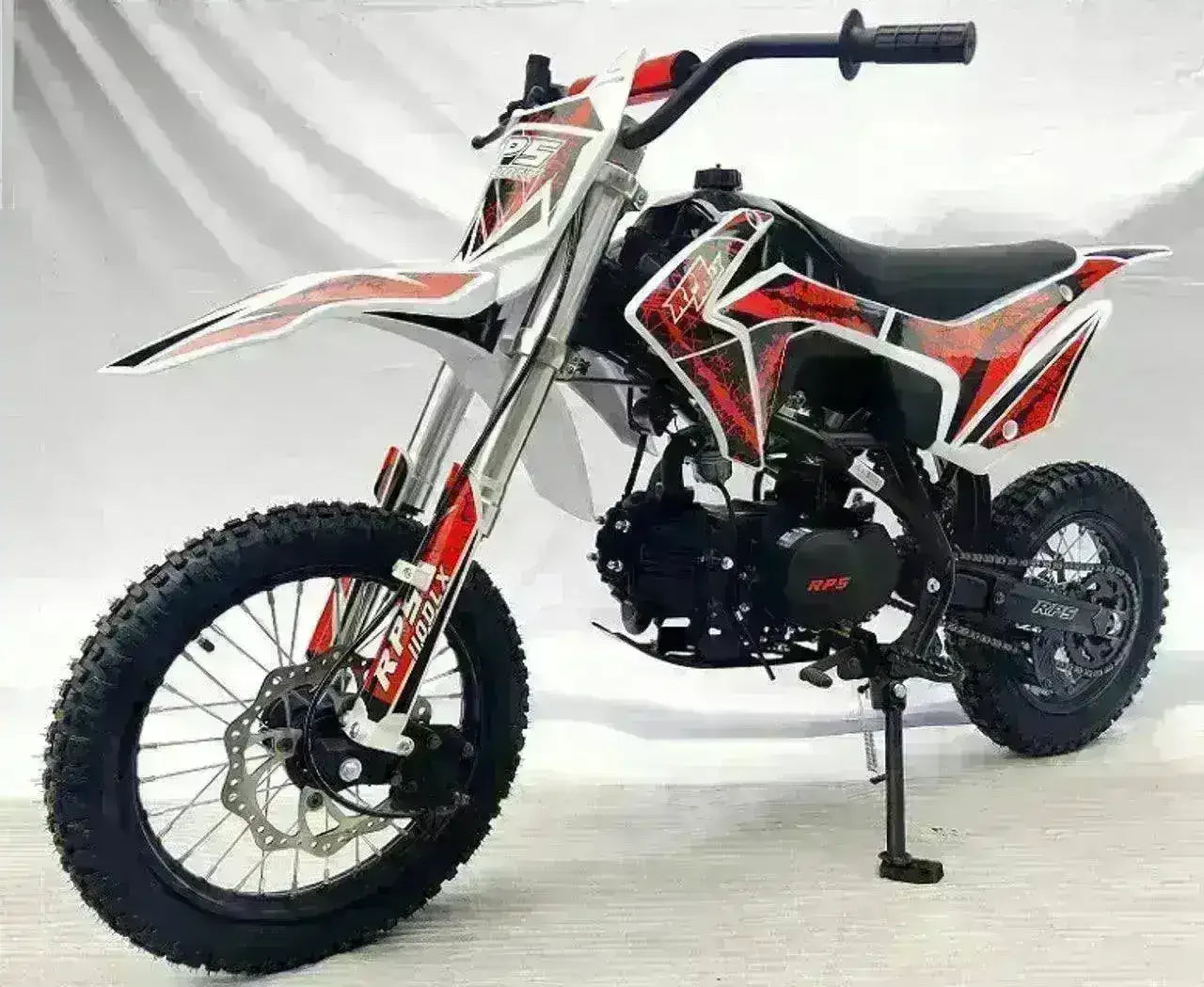 110cc dirt bike with red and white graphics, knobby tires, and black seat on white background