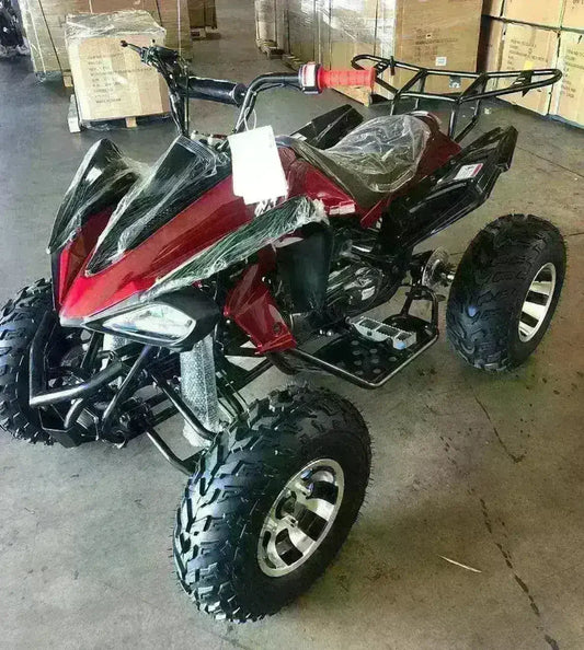 Red and black 200cc automatic sports ATV with large tires in a warehouse setting
