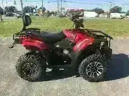 Red 4x4 300cc utility ATV parked outdoors on pavement, rugged tires, side view