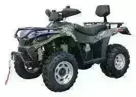 300cc utility ATV quad with rugged tires, front winch, rear rack, and backrest on white background