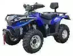 Blue 4x4 300cc utility ATV with rugged tires and rear cargo rack