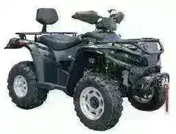 Black 300cc utility ATV four wheeler with rugged tires and cargo racks, studio background