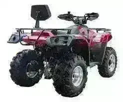 Red 4x4 utility ATV with black seat, rear cargo rack, and rugged off-road tires