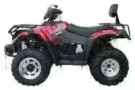 Red 4x4 utility ATV with large tires and rear backrest, side profile view