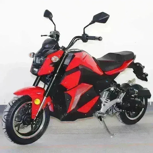 Red 150cc fully automatic motorcycle for teens at Q9 PowerSports USA, side view indoors
