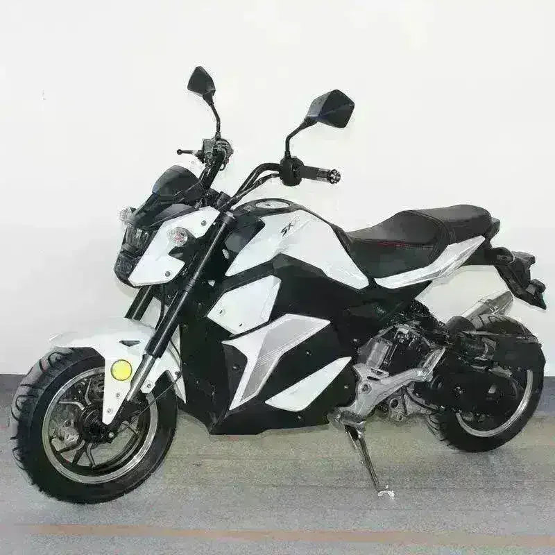 White and black 150cc fully automatic motorcycle with modern body panels and street tires