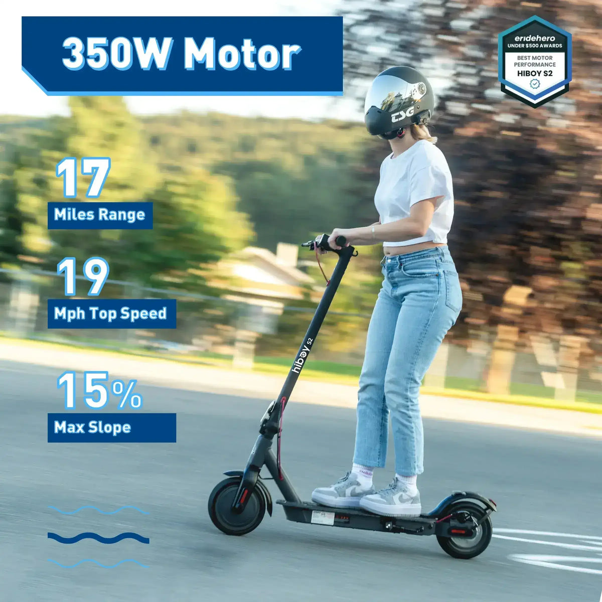 Woman riding Hiboy S2 electric scooter outdoors, 350W motor, 17-mile range, 19 mph speed.