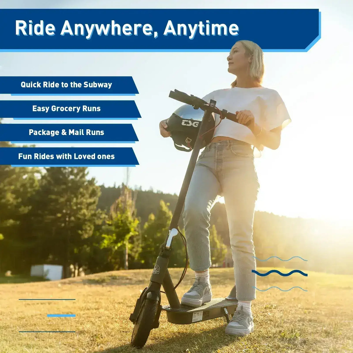 Woman outdoors on electric scooter with helmet, promoting easy commuting and urban transport.
