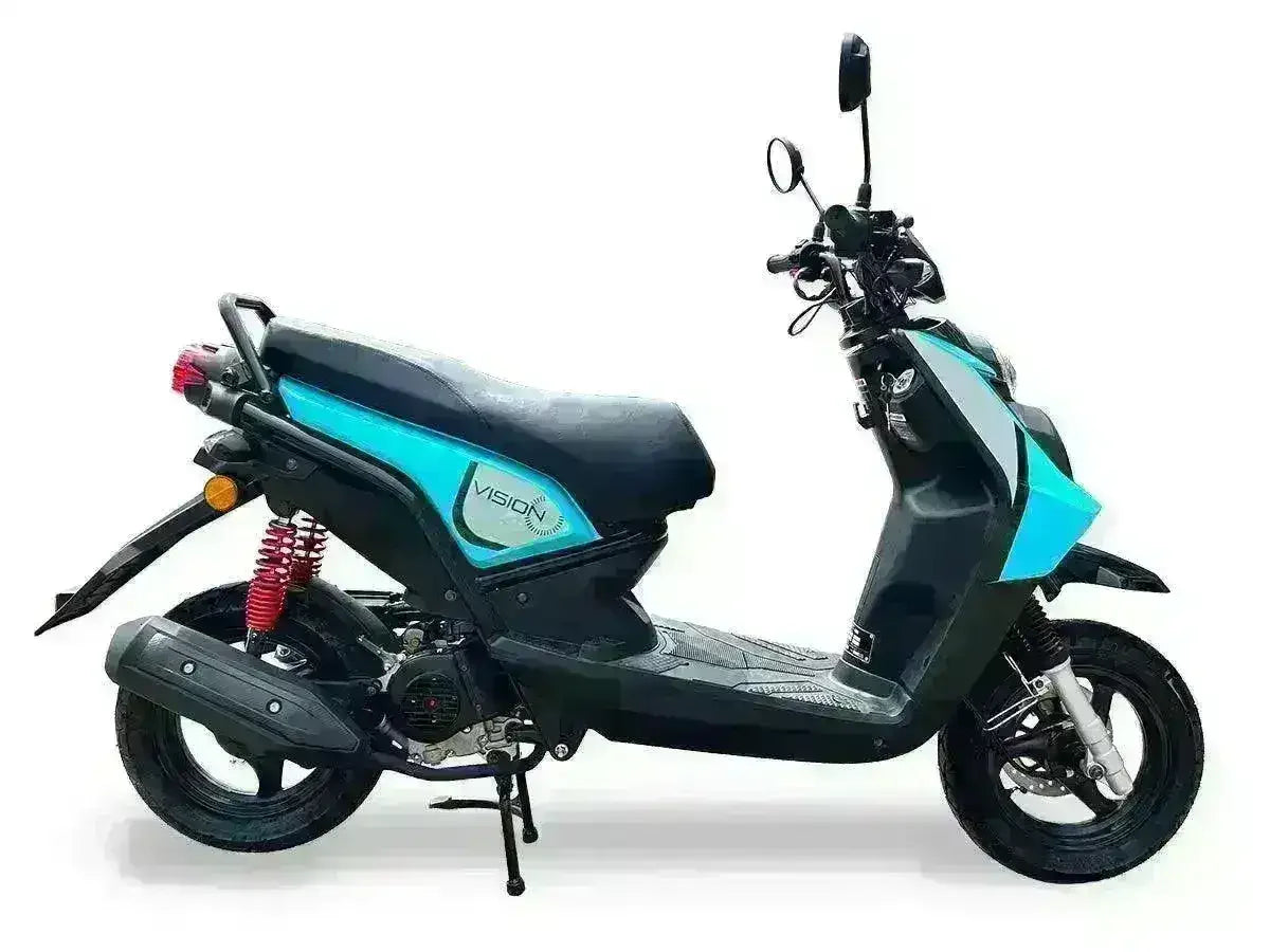 Street-legal Icebear Vision 50 scooter with blue accents, shown in profile on white background
