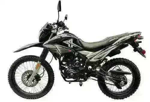 Black RPS Hawk X 250cc street-legal motorcycle with off-road tires, side view